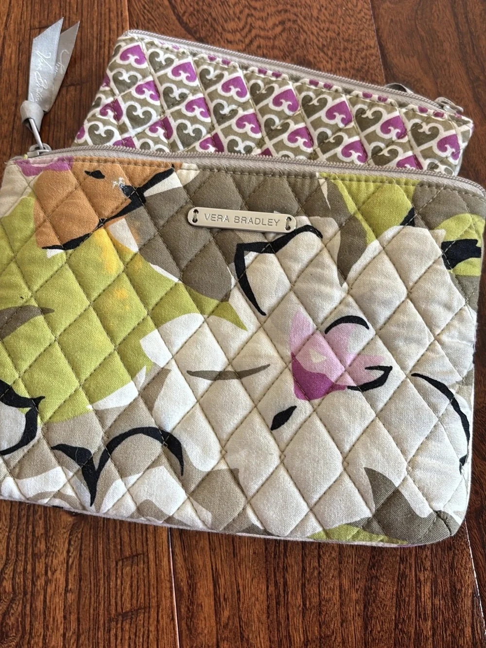Vera Bradley Quilted Floral cosmetic cases set of 2 in Green, Pink, Tan